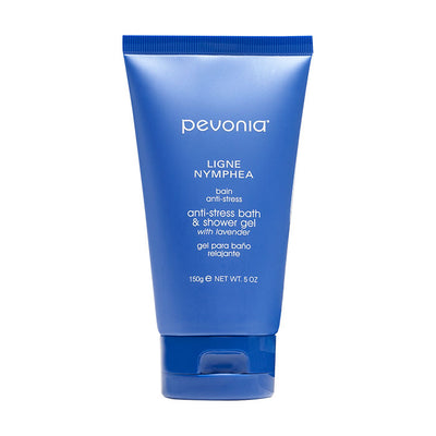 A blue tube of Pevonia anti-stress bath and shower gel 150g with a white label.