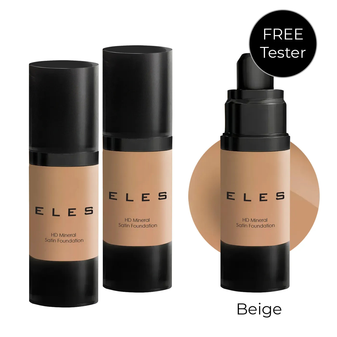 ELES HD Mineral Satin Foundation bottles with a free tester offer on a white background