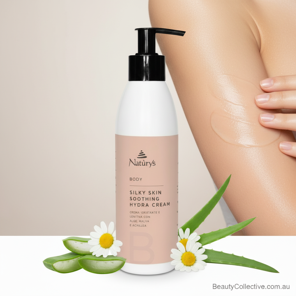 Silky Skin Soothing Hydra Cream bottle with a hand touching skin, aloe vera leaves, and flowers on a light background.