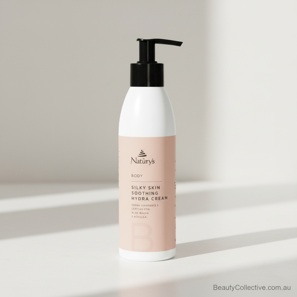 Bottle of Natura's Silky Skin Soothing Hydra Cream on a light background