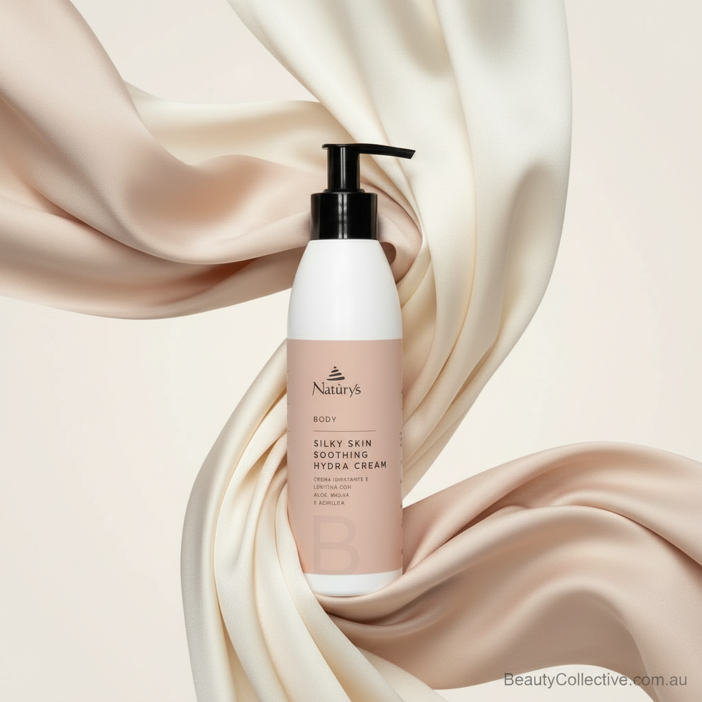 Silky skin soothing body cream bottle with pump on beige fabric background