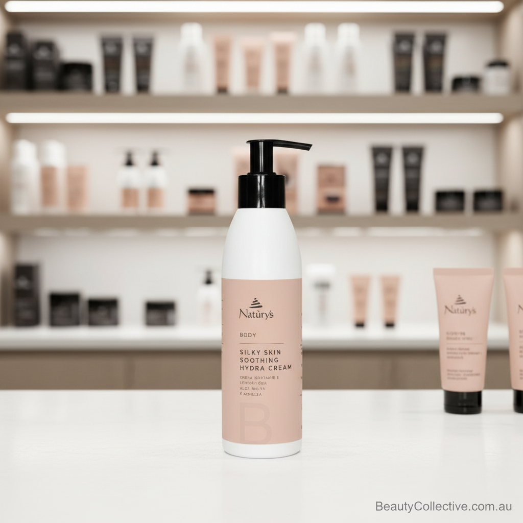 Natur's Silky Skin Nourishing Hydra Cream bottle on a shelf with other skincare products.
