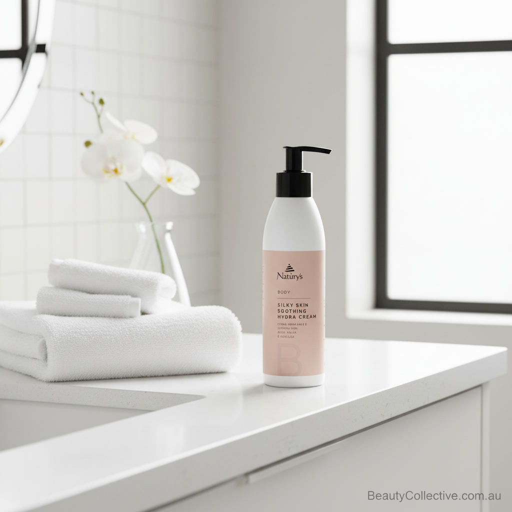 White bottle with pink label on a bathroom counter with towels and flowers