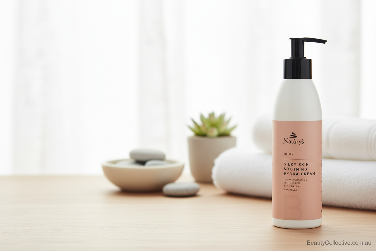 Lotion bottle on a wooden surface with a blurred background