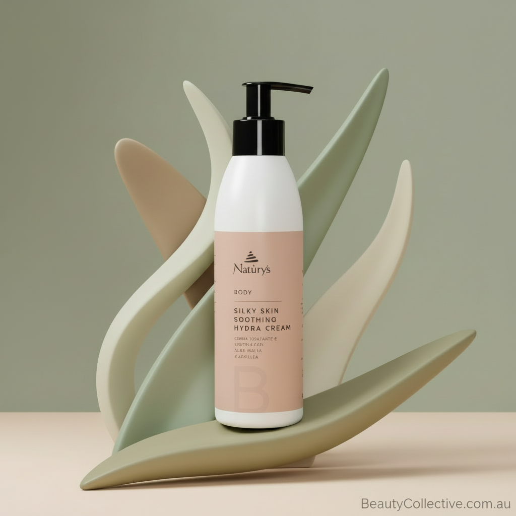 Beauty product bottle with pump on a decorative leaf against a plain background