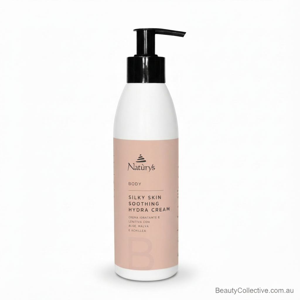 Bottle of Natura's Silky Skin Soothing Hydra Cream on a white background