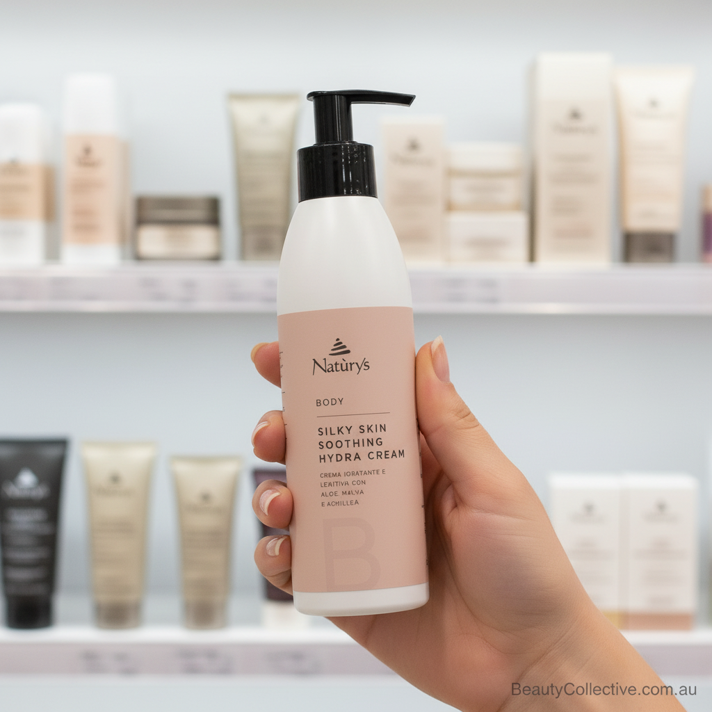 Hand holding a bottle of 'Natury's' Silky Skin Soothing Hydra Cream with a blurred background of similar products.