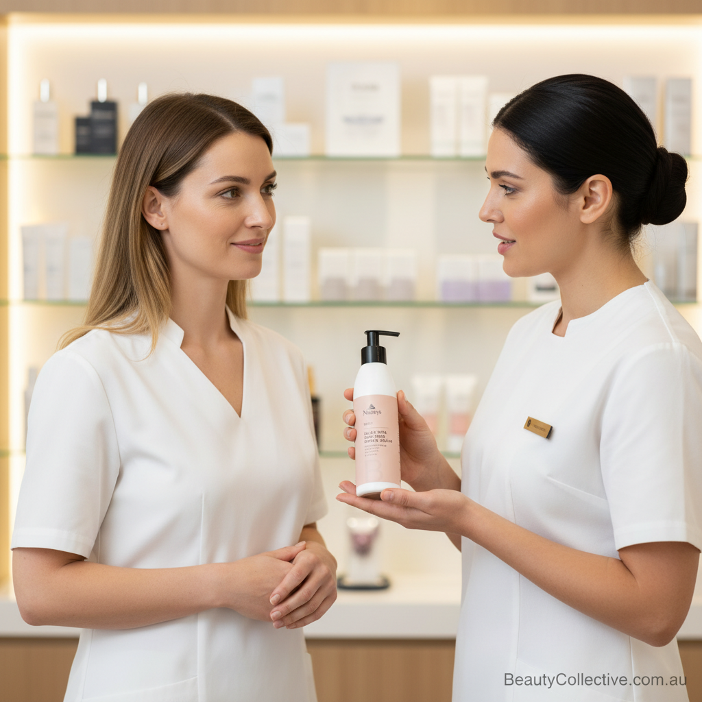 Two women in a clinical or spa setting holding a skincare product.