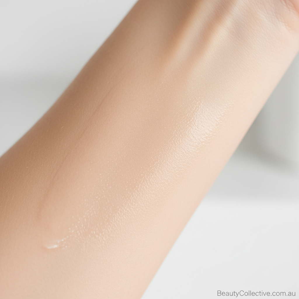 Close-up of a person's arm with a light beige color swatch on a neutral background