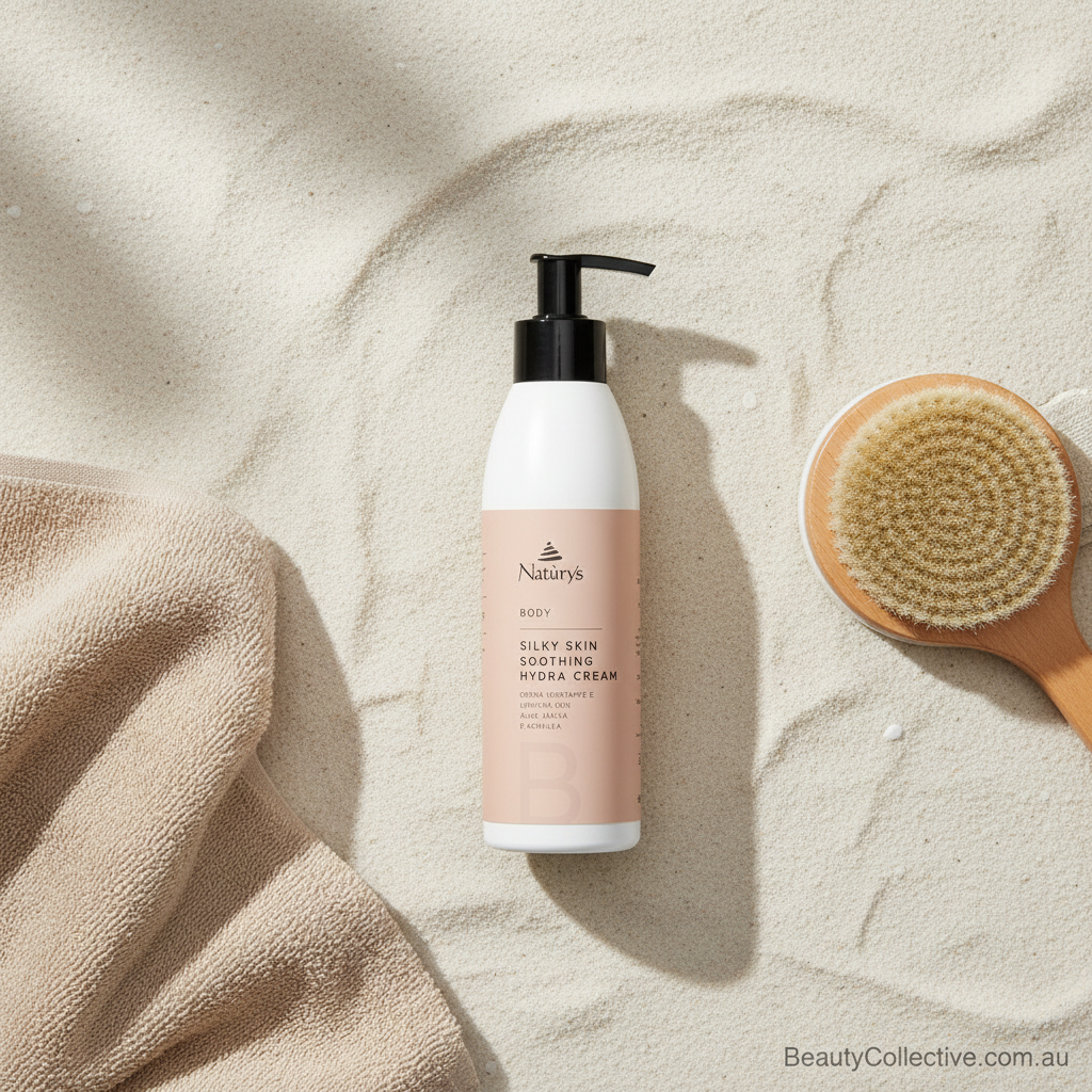 Bottle of Natura's Glutathione Soothing Hydra Cream with a brush and towel on a textured beige surface.