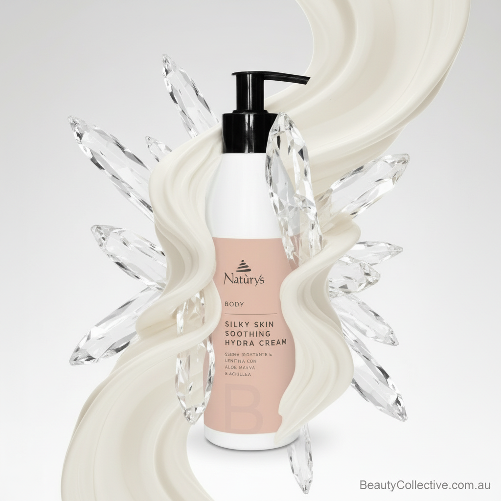 Silky skin soothing hydra cream bottle with decorative elements on a light background