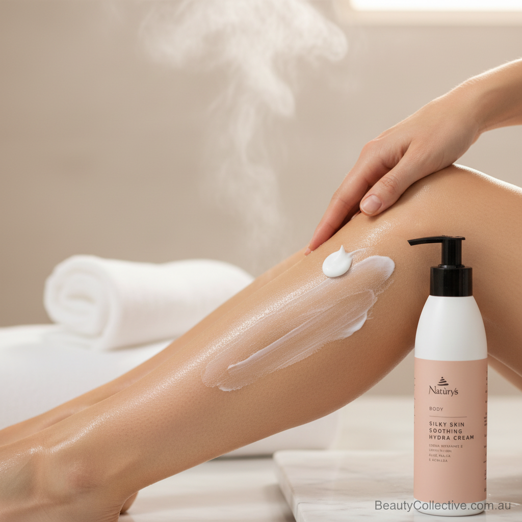 Person applying cream to their leg with a bottle of Naturess cream next to them.