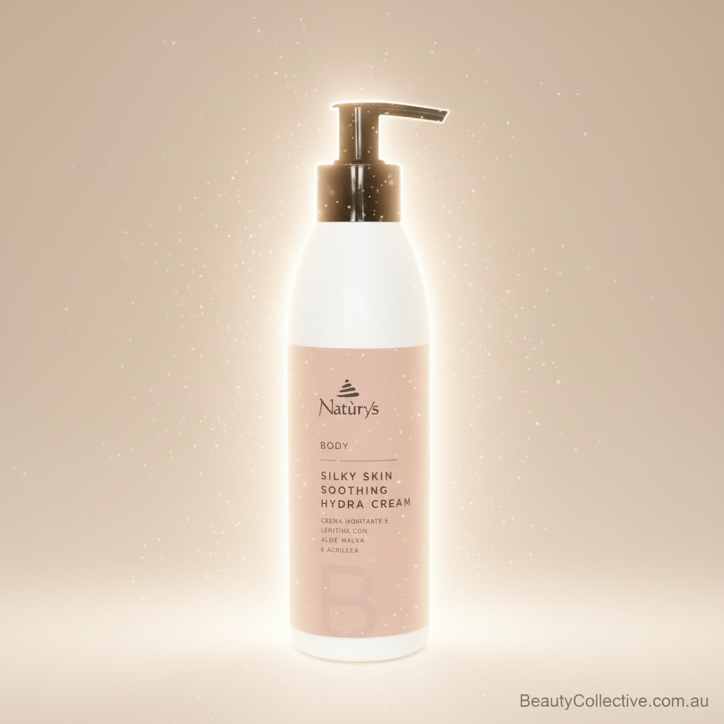 Silky skin soothing cream bottle with pump on a beige background