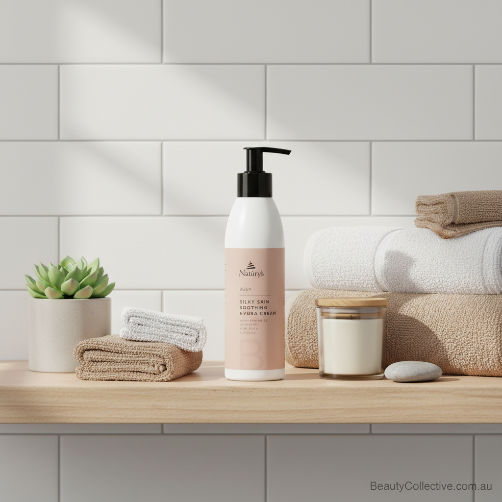 Bottle of Natura's body cream on a bathroom counter with towels and a plant in the background.