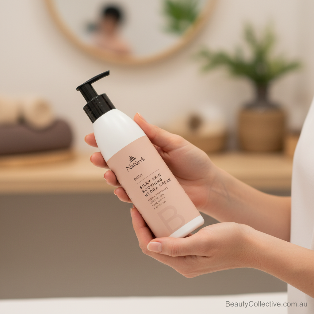 Hand holding a bottle of Natura's skincare product in a blurred indoor setting