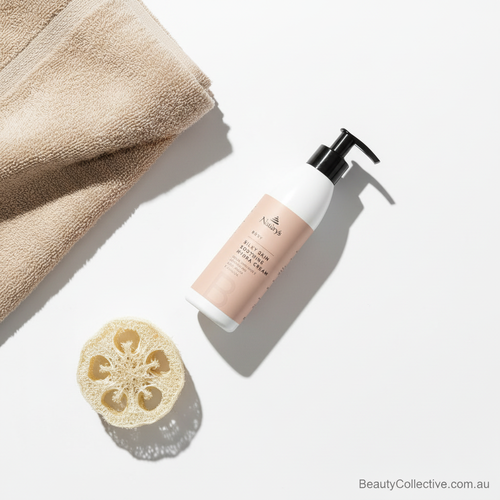 Lotion bottle, loofah, and towel on a light background