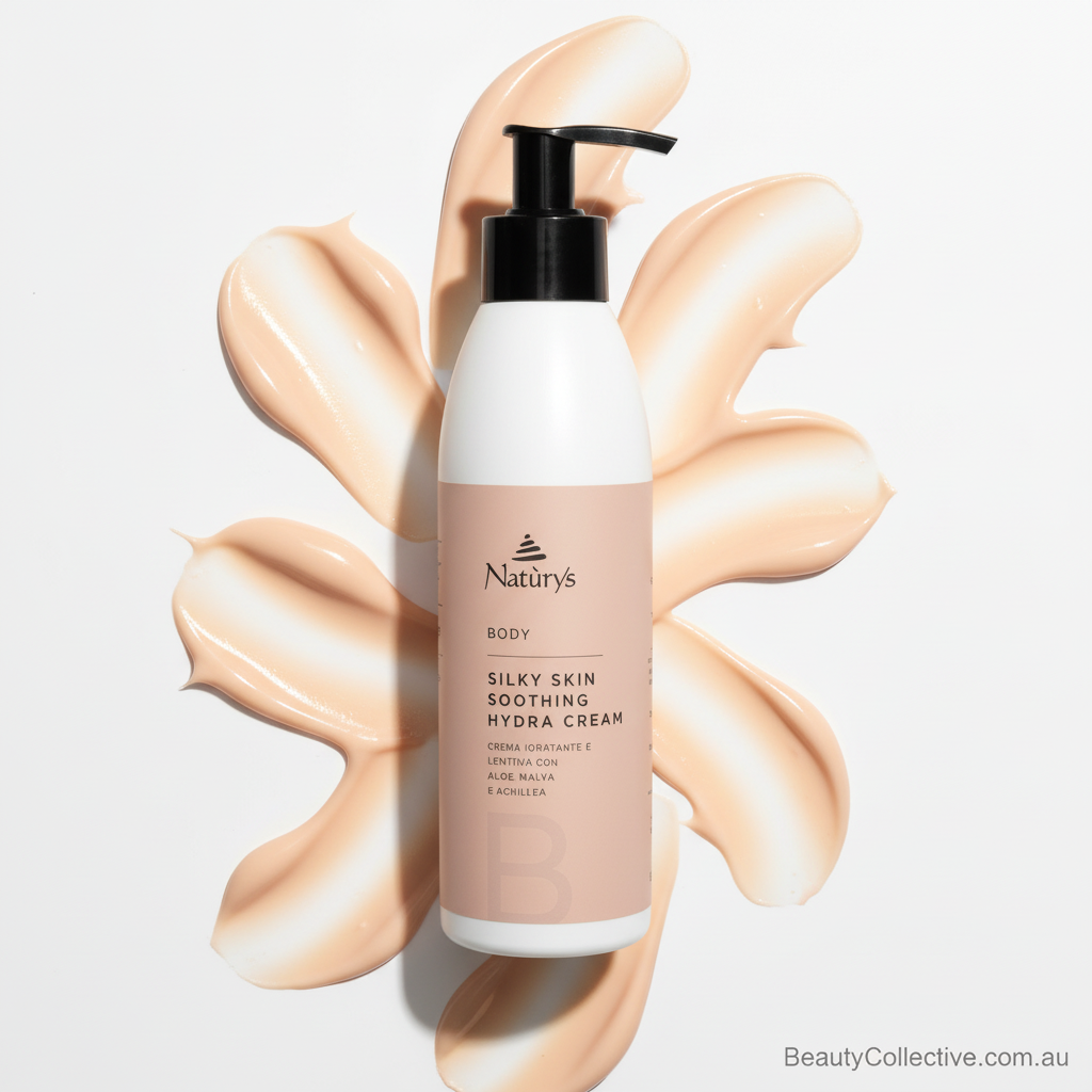 Bottle of Natur's Silky Skin Softening Lotion Cream with cream swatch on a light background