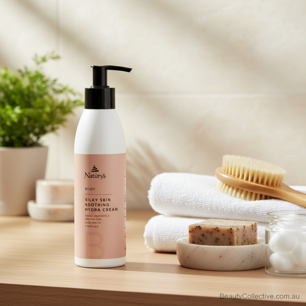 Nanuy's Silky Skin Nourishing Hydra Cream bottle on a bathroom counter with towels and soap.