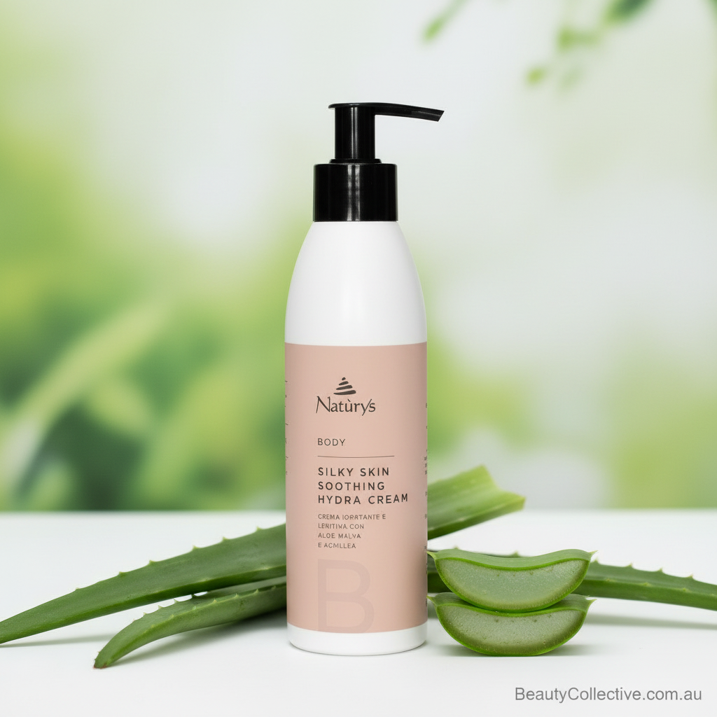 Silky Skin Soothing Hydra Cream bottle with aloe vera leaves on a blurred green background