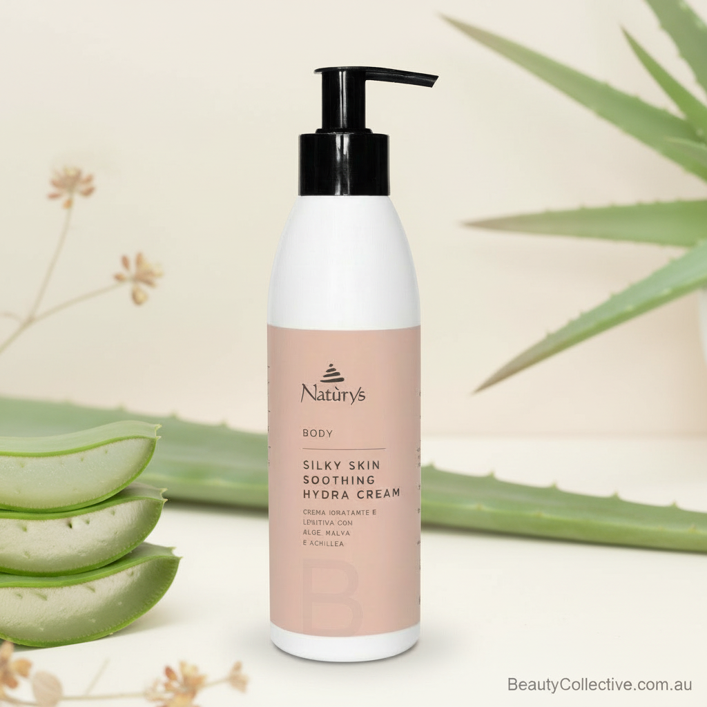 Bottle of 'Natur's Silky Skin Soothing Hydra Cream' with aloe vera leaves in the background