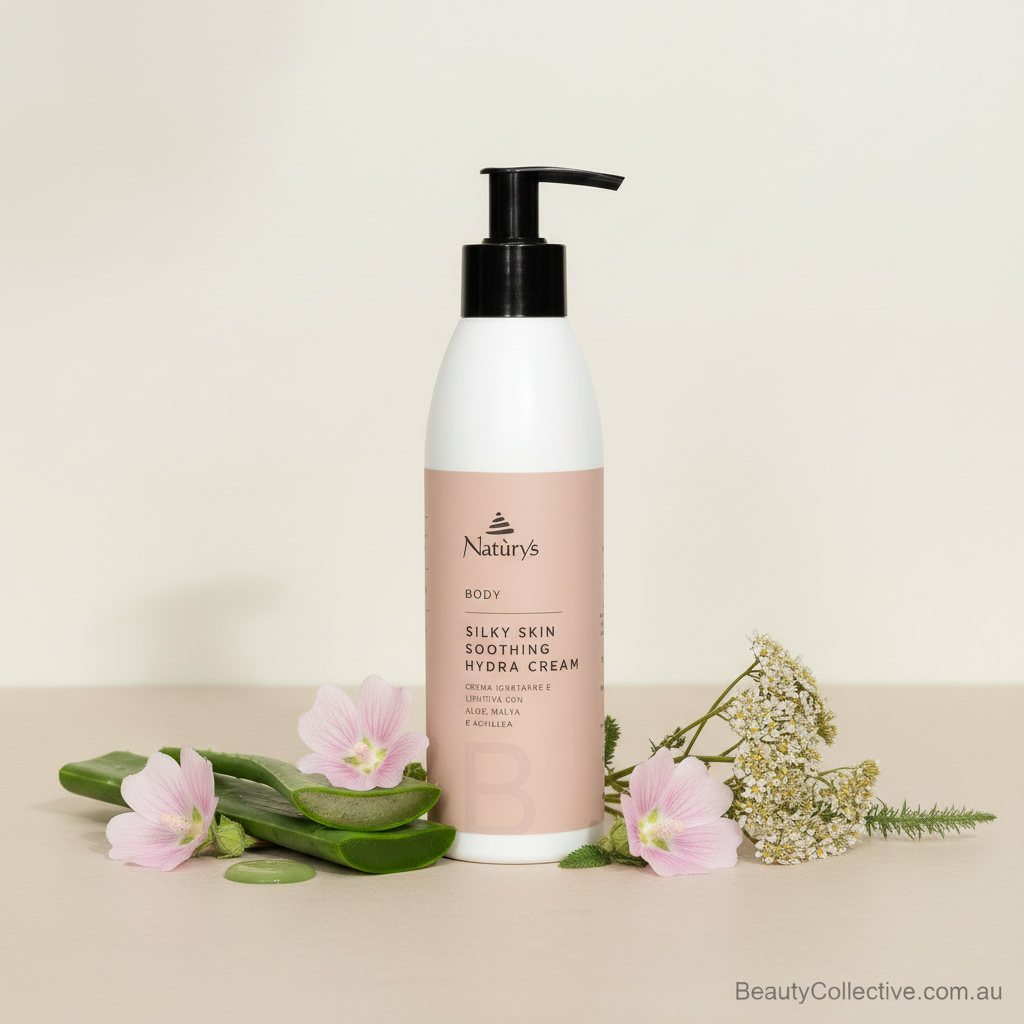 Bottle of 'Natur's' Silky Skin Soothing Hydra Cream with flowers on a beige background