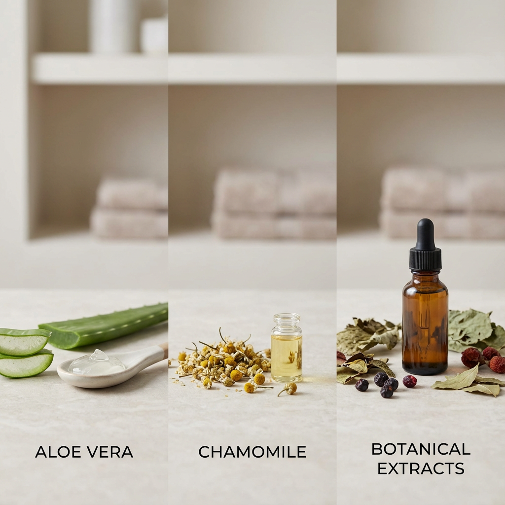 Collage of aloe vera, chamomile, and botanical extracts on a neutral background