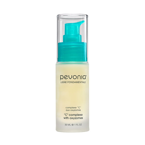 A bottle of Pevonia C Complex with Oxyzomes, a skin care product designed for rejuvenation and brightening.