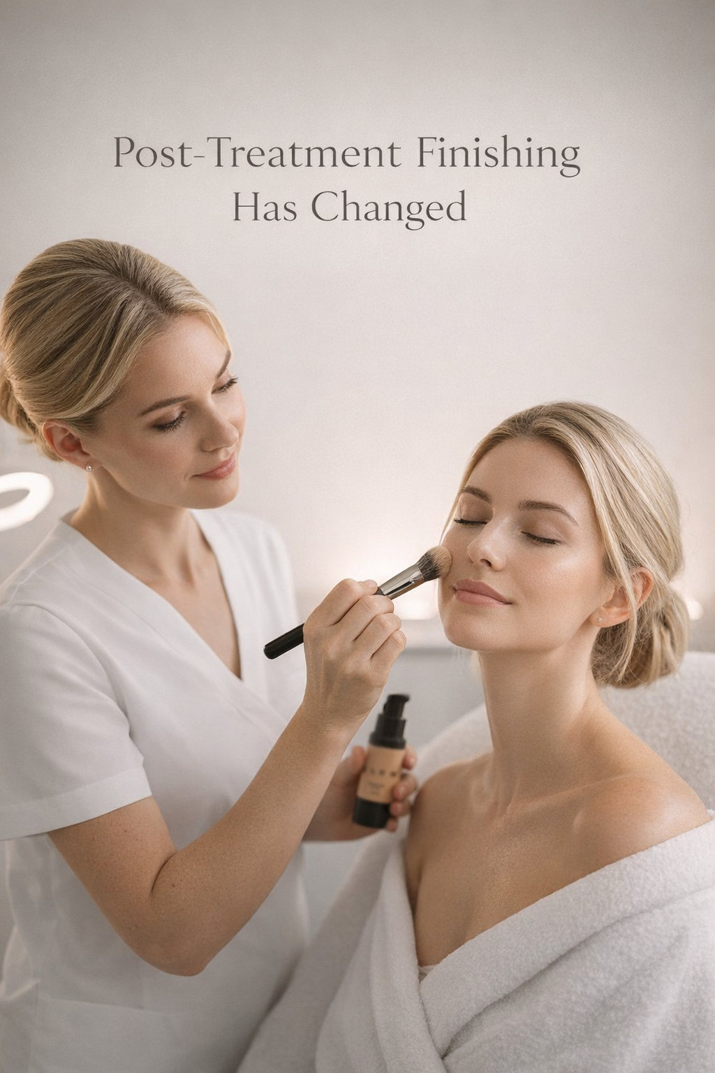 Woman getting makeup applied by another woman in a spa setting.