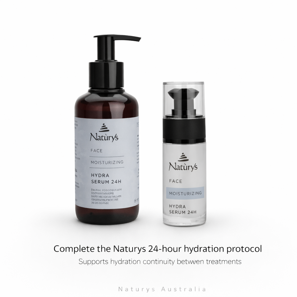 Two bottles of Naturys Australia face moisturizing serum on a white background