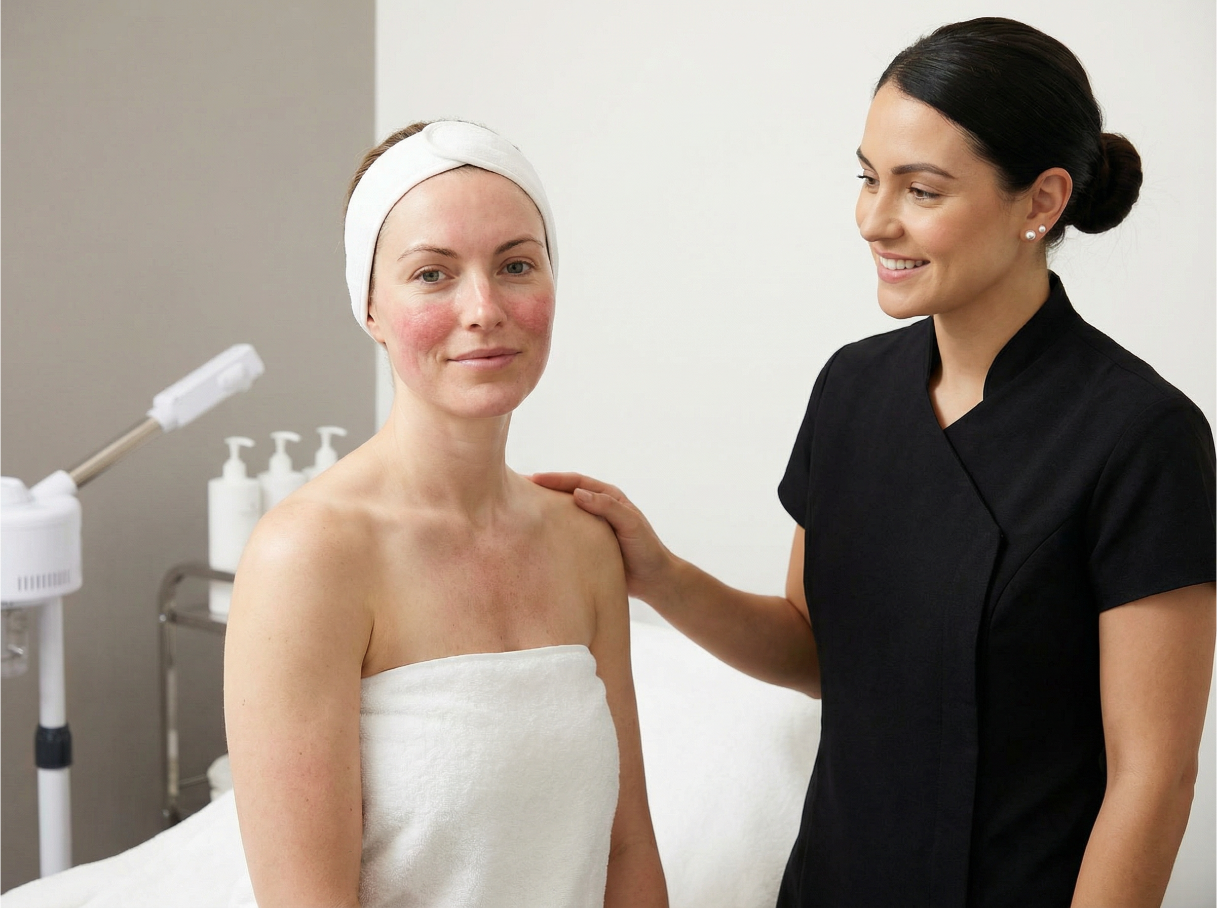 Woman receiving a skincare treatment from a professional in a clinical setting.