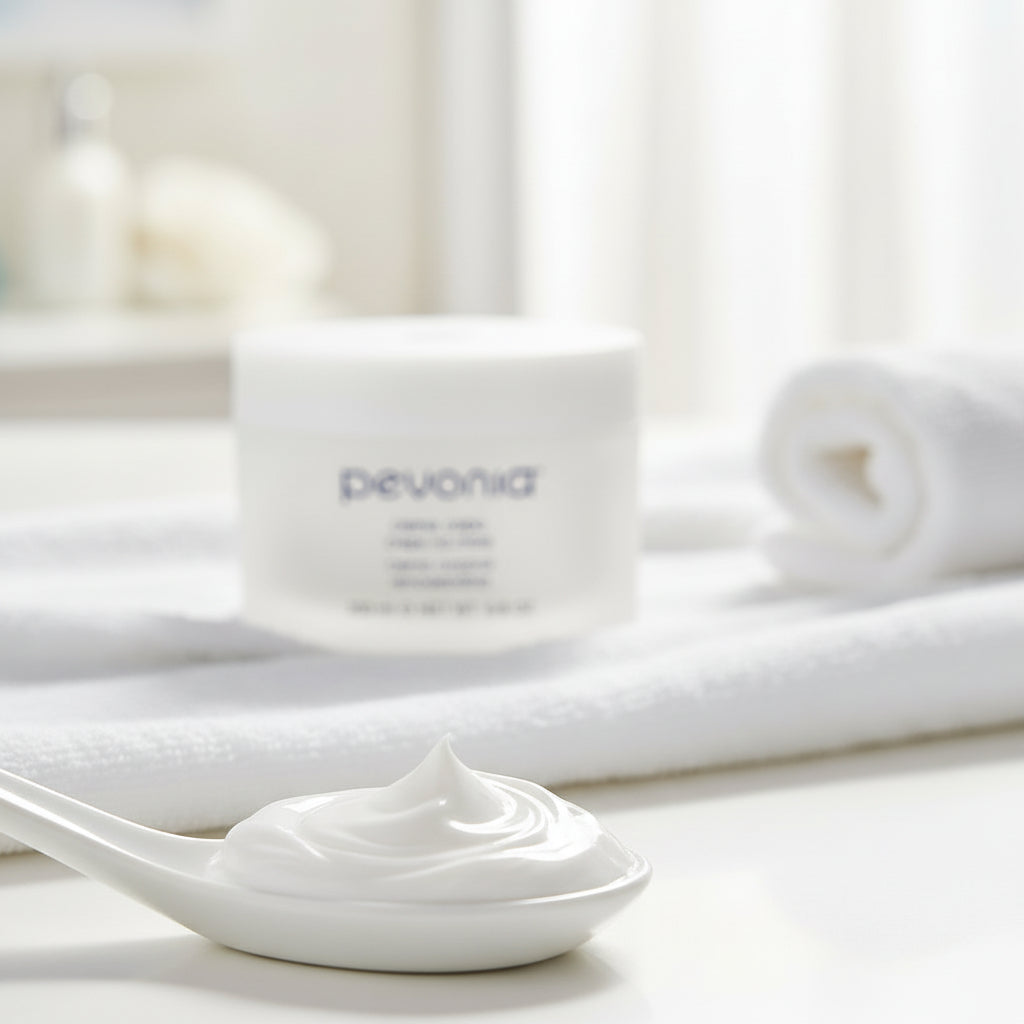 Pevonia crepe-no-more cream jar on white towels with a blurred background, cream in spa spoon