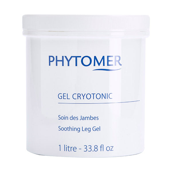 A white jar with a blue label that reads 'PHYTOMER GEL CRYOTONIC Soothing Leg Gel 1 litre - 33.8 fl oz'.