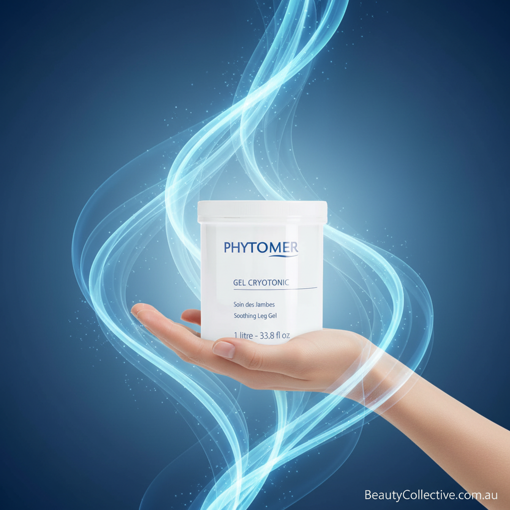 Hand holding a Phytomer product with a blue energy effect on a dark blue background