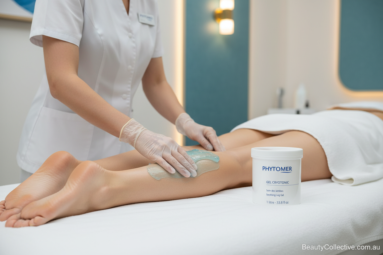 Person receiving a leg treatment with Phytomer cream in a spa setting