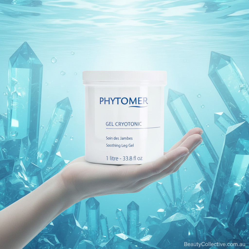 Hand holding a Phytomer jar against a crystal background