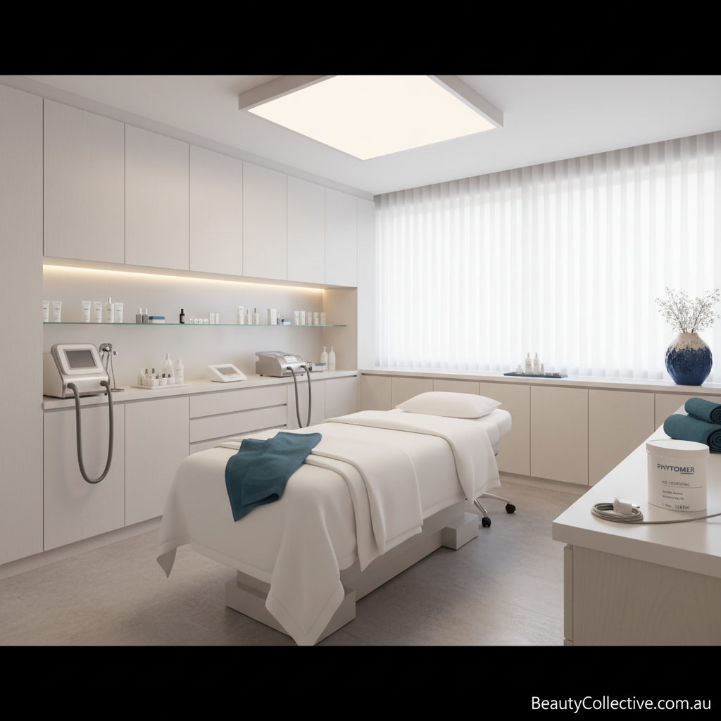 Modern medical or beauty treatment room with a bed and medical equipment.