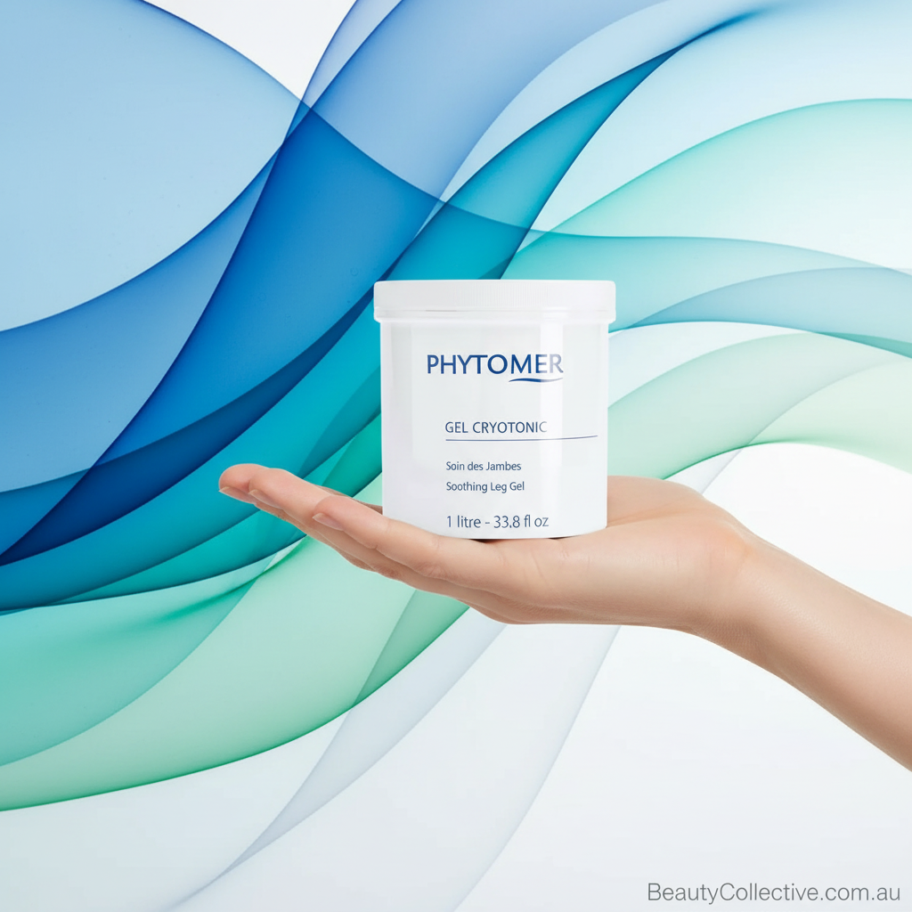 Hand holding a Phytomer product against a blue and green abstract background