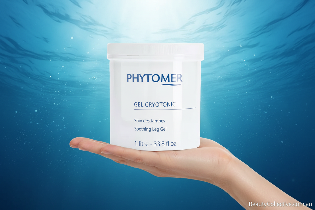 Phytomer Gel Crytonic container held in a hand with a blue underwater background