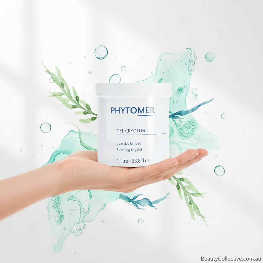 Hand holding a Phytomer jar with a green leafy background