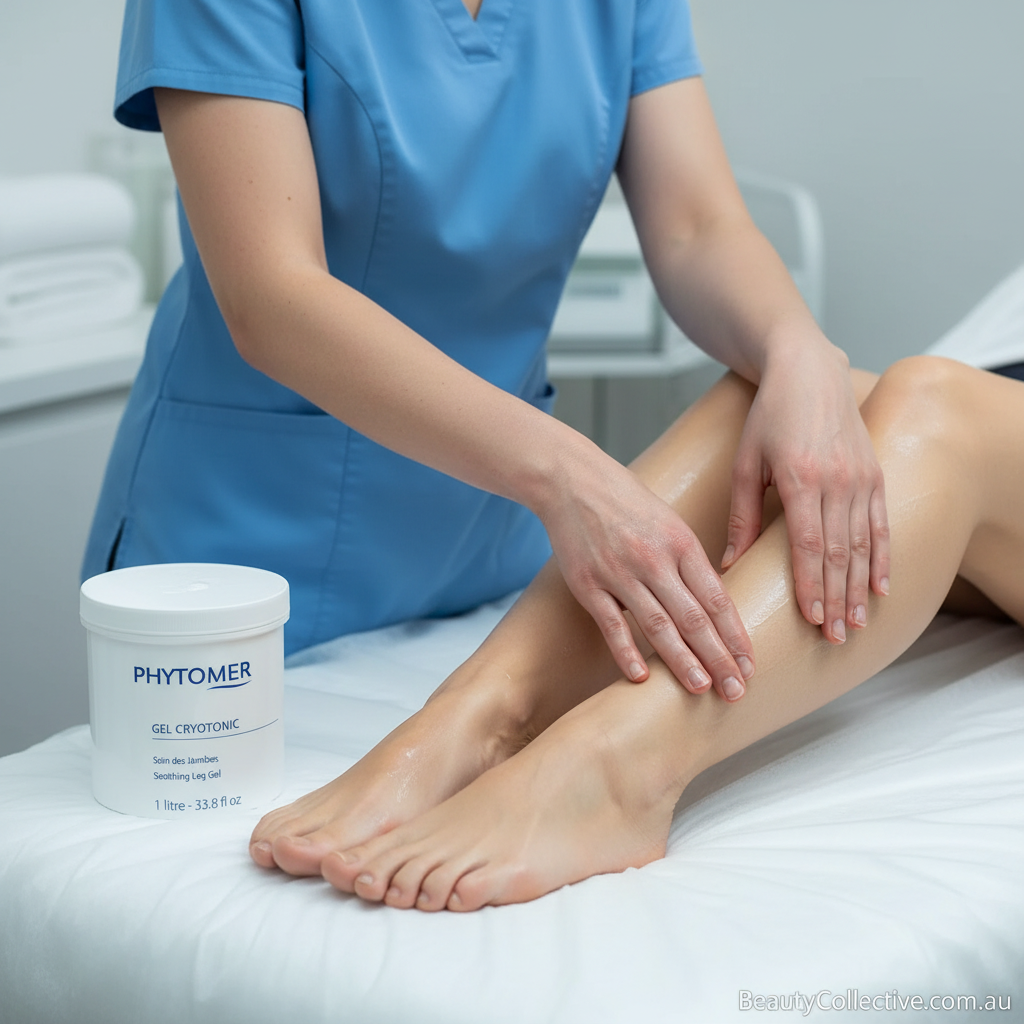 Person applying Phytomer gel to a leg with a healthcare professional in blue scrubs.