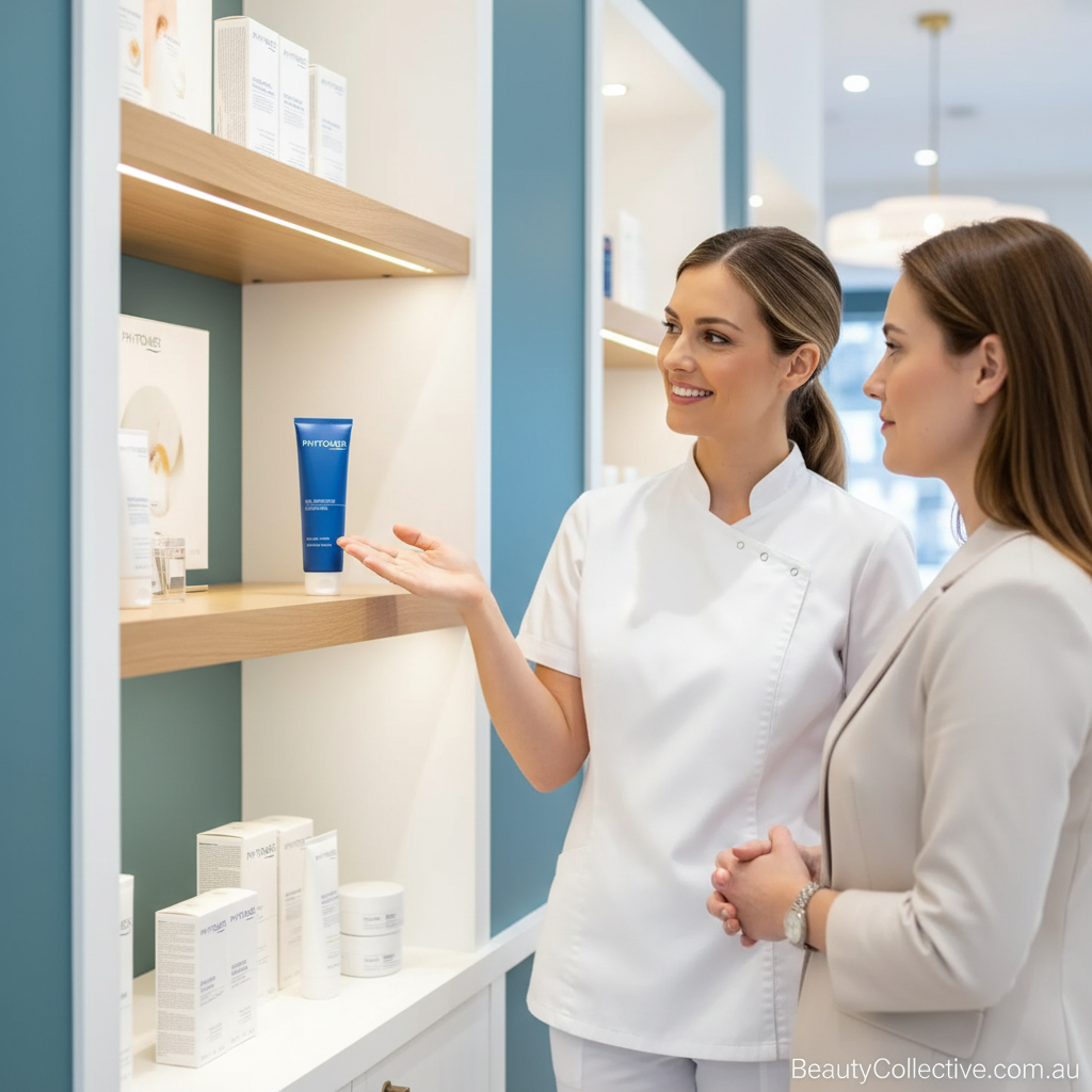 Woman in a beauty store discussing skincare products with a staff member.