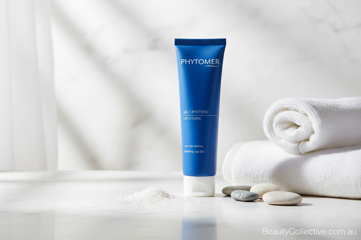 Blue Phytomer tube on a white surface with towels and stones