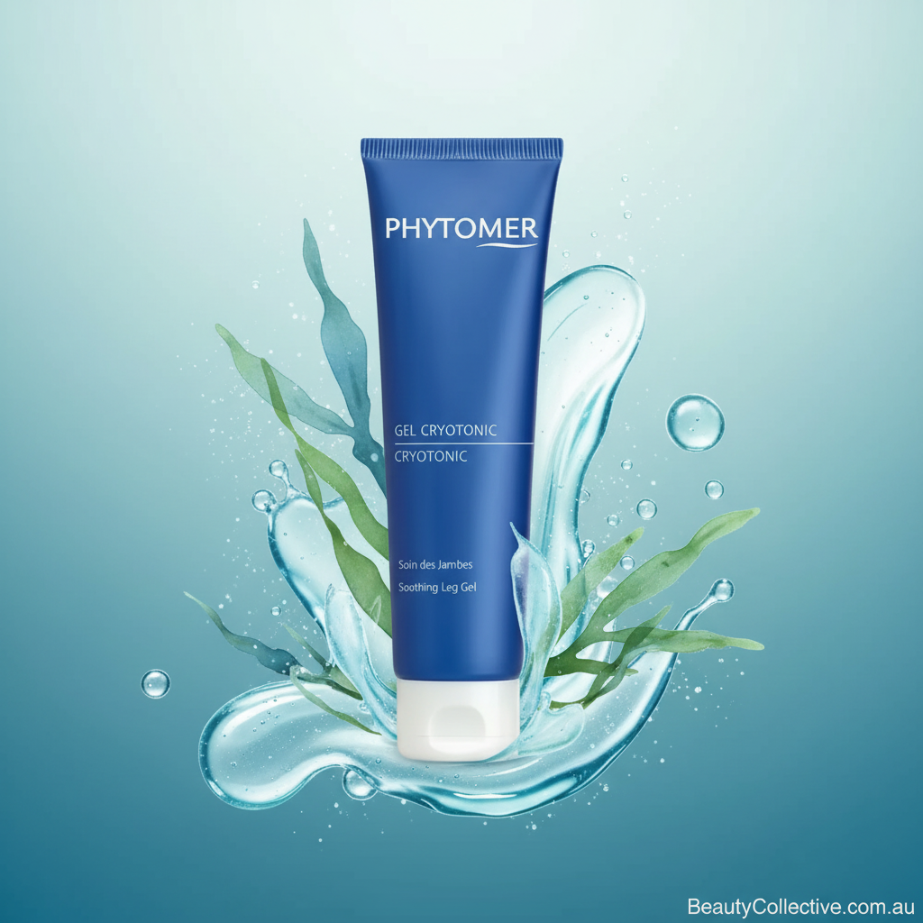 Blue tube of Phytomer product with water droplets and leaves on a light blue background