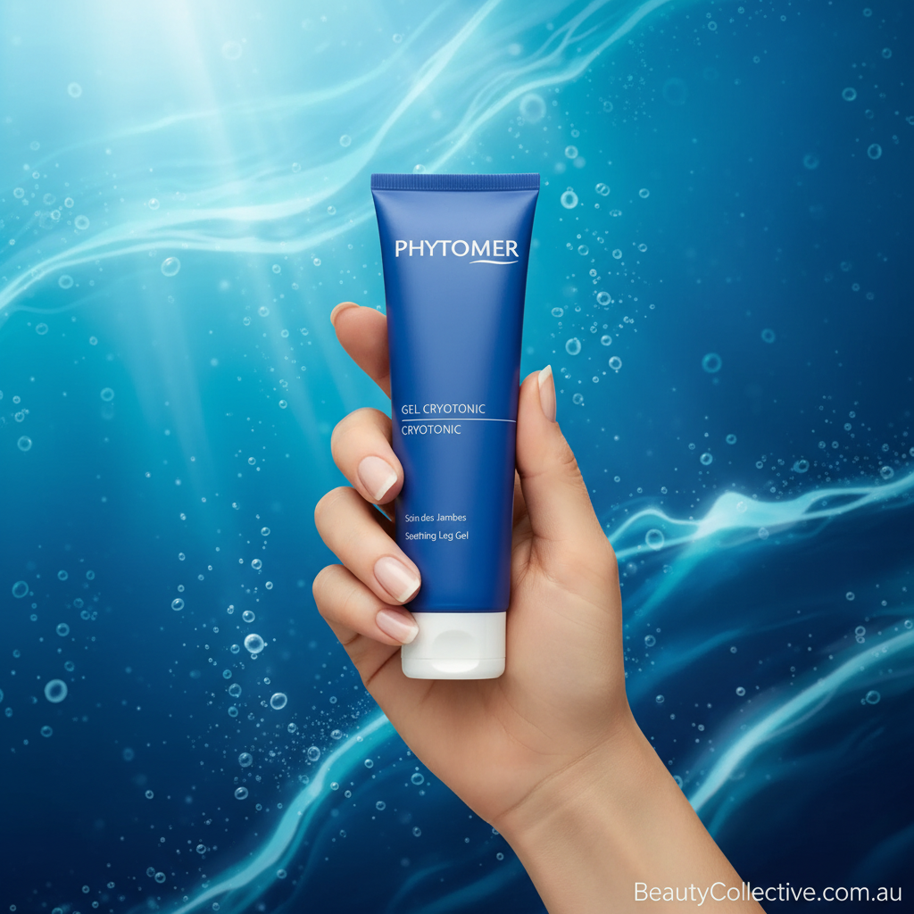 Hand holding a Phytomer product against a blue, underwater-themed background
