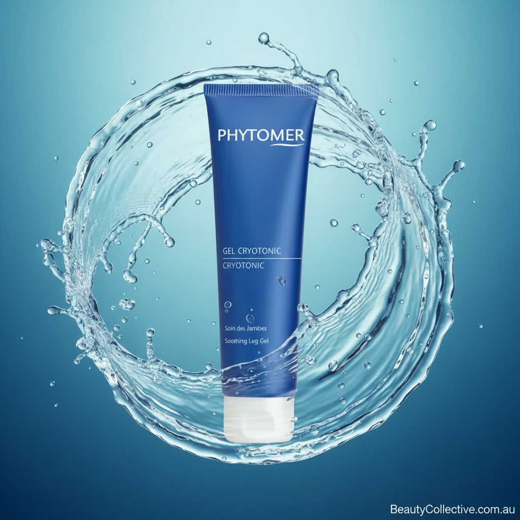 Phytomer gel cryotonic tube surrounded by water splashes on a blue background