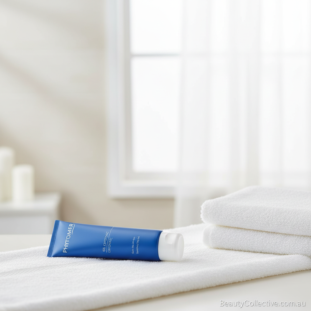 Blue tube of cream on white towels with a blurred background