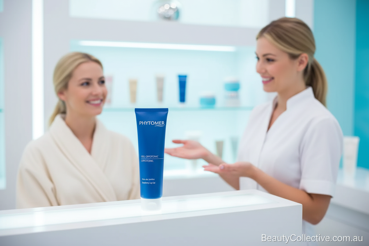 Woman receiving a skincare product from a professional in a spa setting.