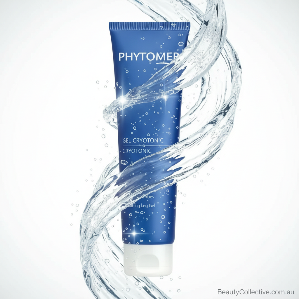 Blue Phytomer tube with swirling water effect on a white background