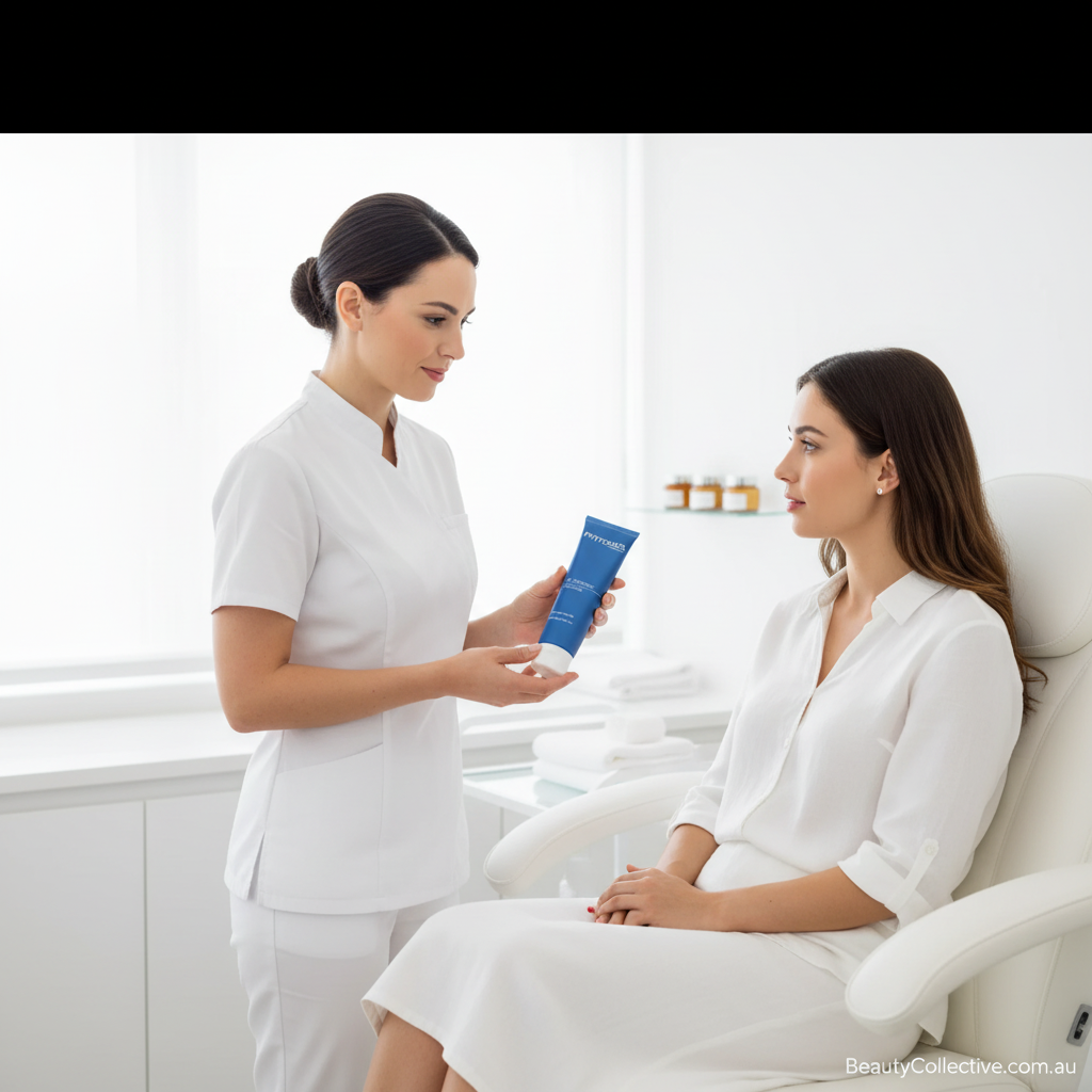 Woman receiving skincare product from a professional in a clinical setting.