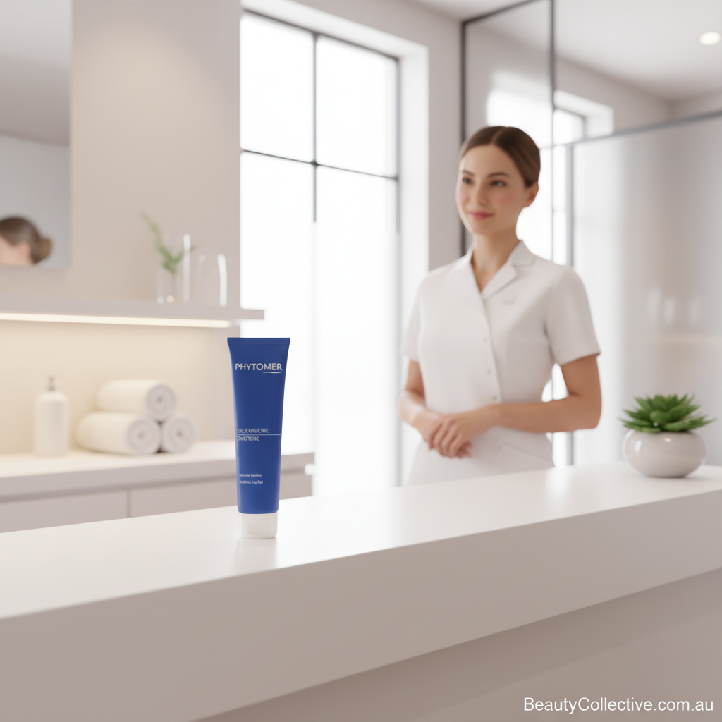 Woman standing in a bathroom with a blue tube of Phytomer product on a counter.